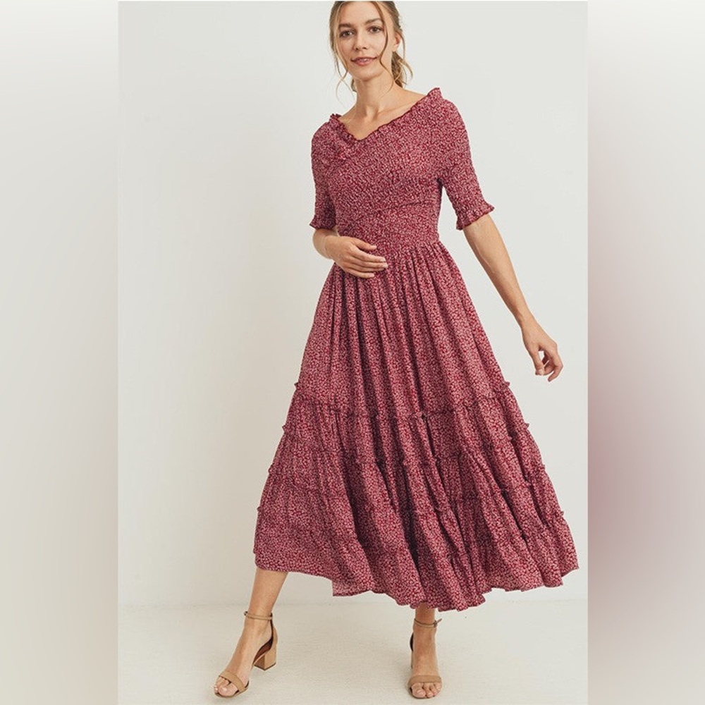 Lucy Avenue Hilda Smocked Burgundy Floral Flare Dress Medium